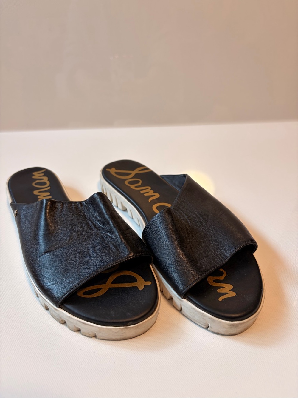 Sam Edelman Black Leather Slide Mules with Chunky White Sole
